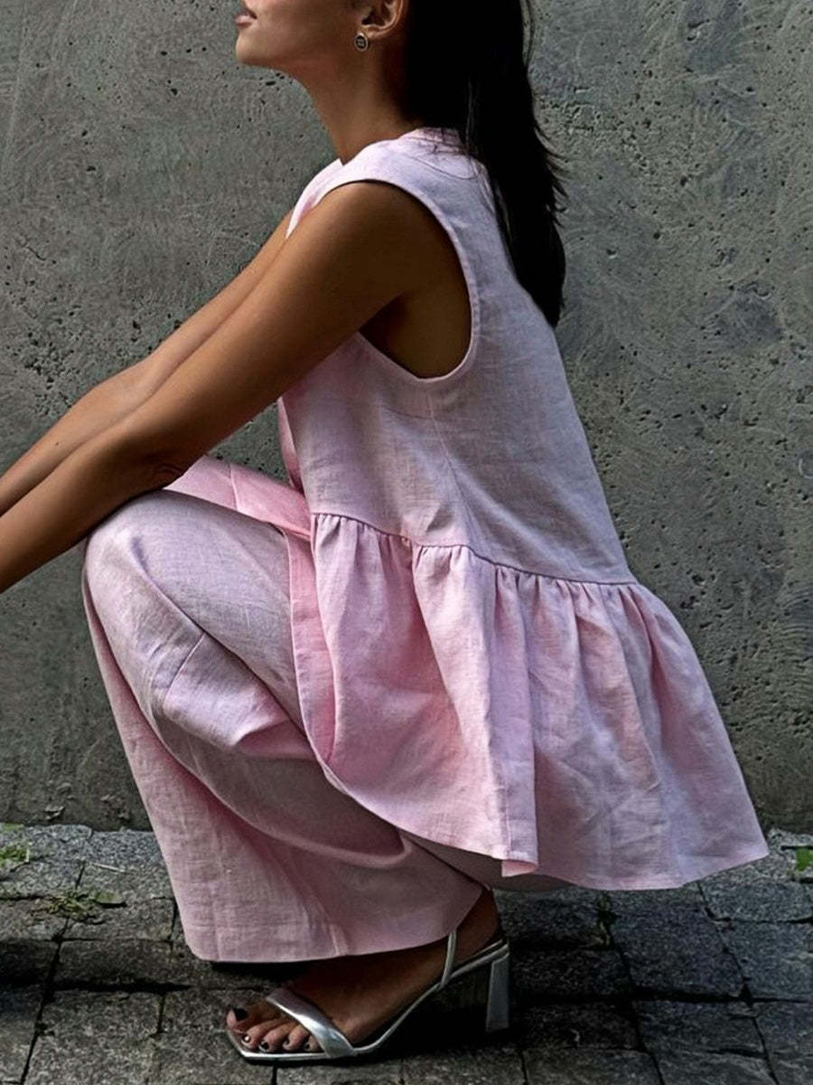 Sleeveless V-Neck Loose Top And Elastic Waist Pocket Wide-Leg Pants Set
