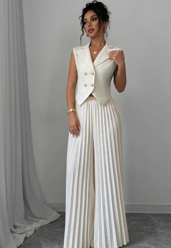 Elegant Sleeveless Blazer Top and Pleated Wide-Leg Pants Set