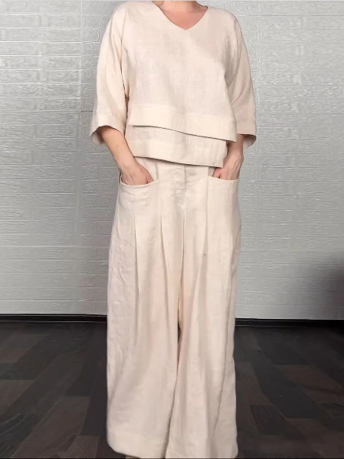 Loose V-Neck Top and Wide-Leg Pants Two Piece Set (Buy 2 Free Shipping)
