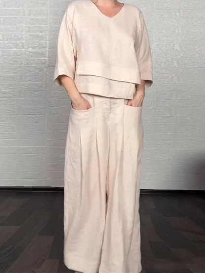 Loose V-Neck Top and Wide-Leg Pants Two Piece Set (Buy 2 Free Shipping)