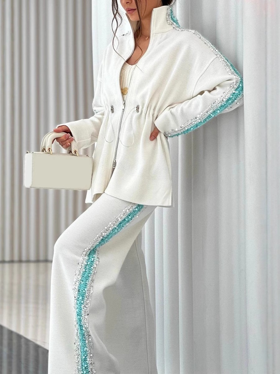 Elegant Sequin Trim Drawstring Jacket and Wide Leg Pants Two Piece Set (Buy 2 Free Shipping)