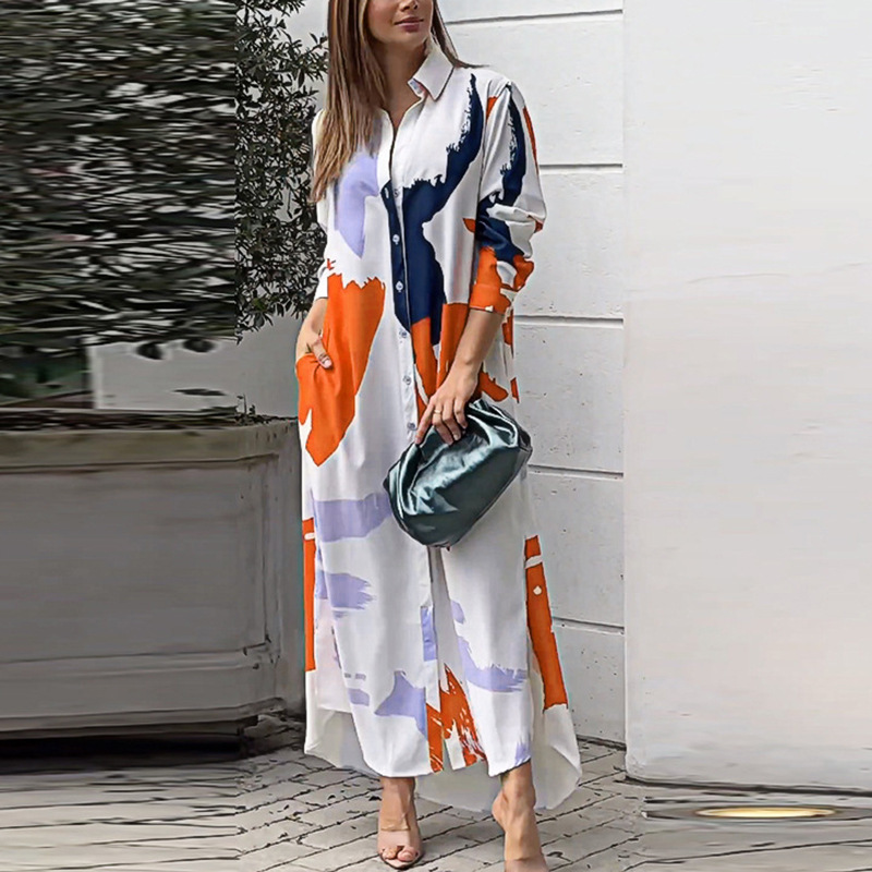 Abstract Print Button-Down Maxi Shirt Dress (Buy 2 Free Shipping)