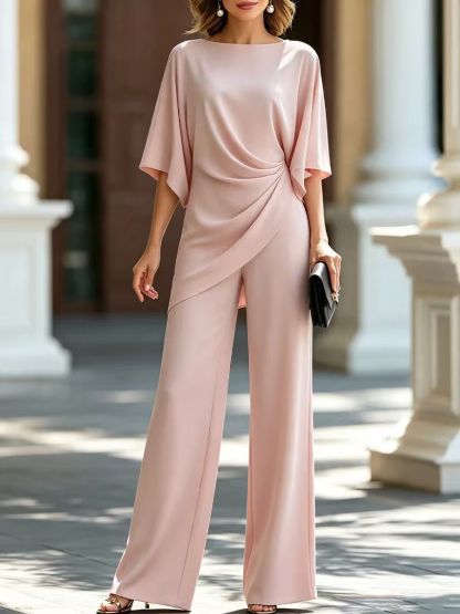Elegant Draped Batwing Top & Wide Leg Pants Two-Piece Set (Buy 2 Free Shipping)