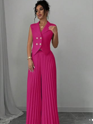 Elegant Sleeveless Blazer Top and Pleated Wide-Leg Pants Set