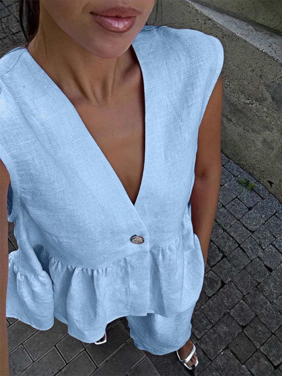 Sleeveless V-Neck Loose Top And Elastic Waist Pocket Wide-Leg Pants Set
