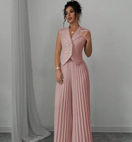 Elegant Sleeveless Blazer Top and Pleated Wide-Leg Pants Set