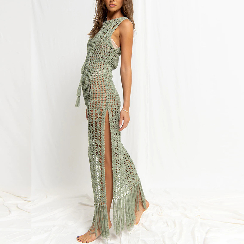 Boho Crochet Tassel Maxi Dress with Waist Tie