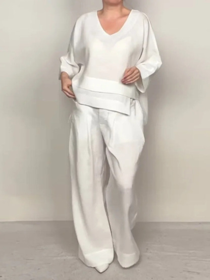 Loose V-Neck Top and Wide-Leg Pants Two Piece Set (Buy 2 Free Shipping)