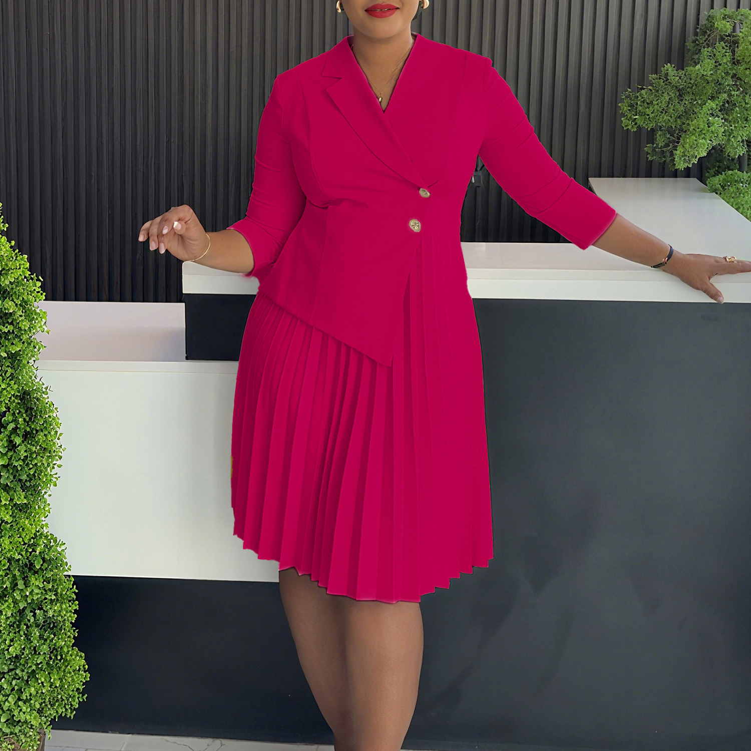 Elegant Asymmetric Lapel Pleated Midi Dress (Buy 2 Free Shipping)