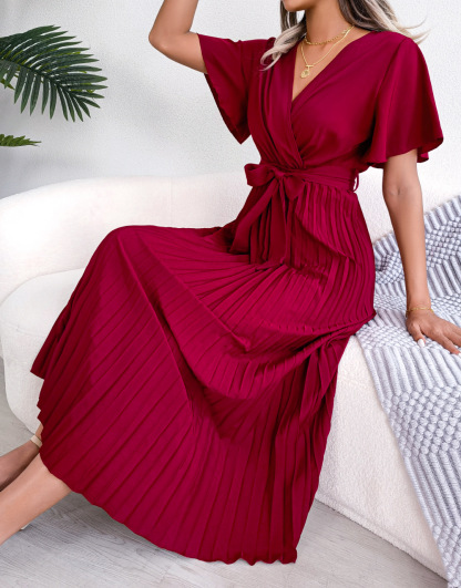 Elegant Pleated Belted Flutter Sleeve Midi Dress (Buy 2 Free Shipping)
