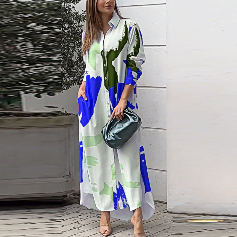 Abstract Print Button-Down Maxi Shirt Dress (Buy 2 Free Shipping)