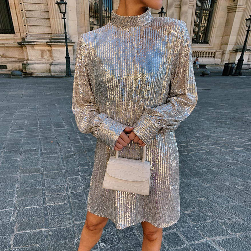 Elegant Sequin Mock Neck Belted Mini Dress(Buy 2 Free Shipping)