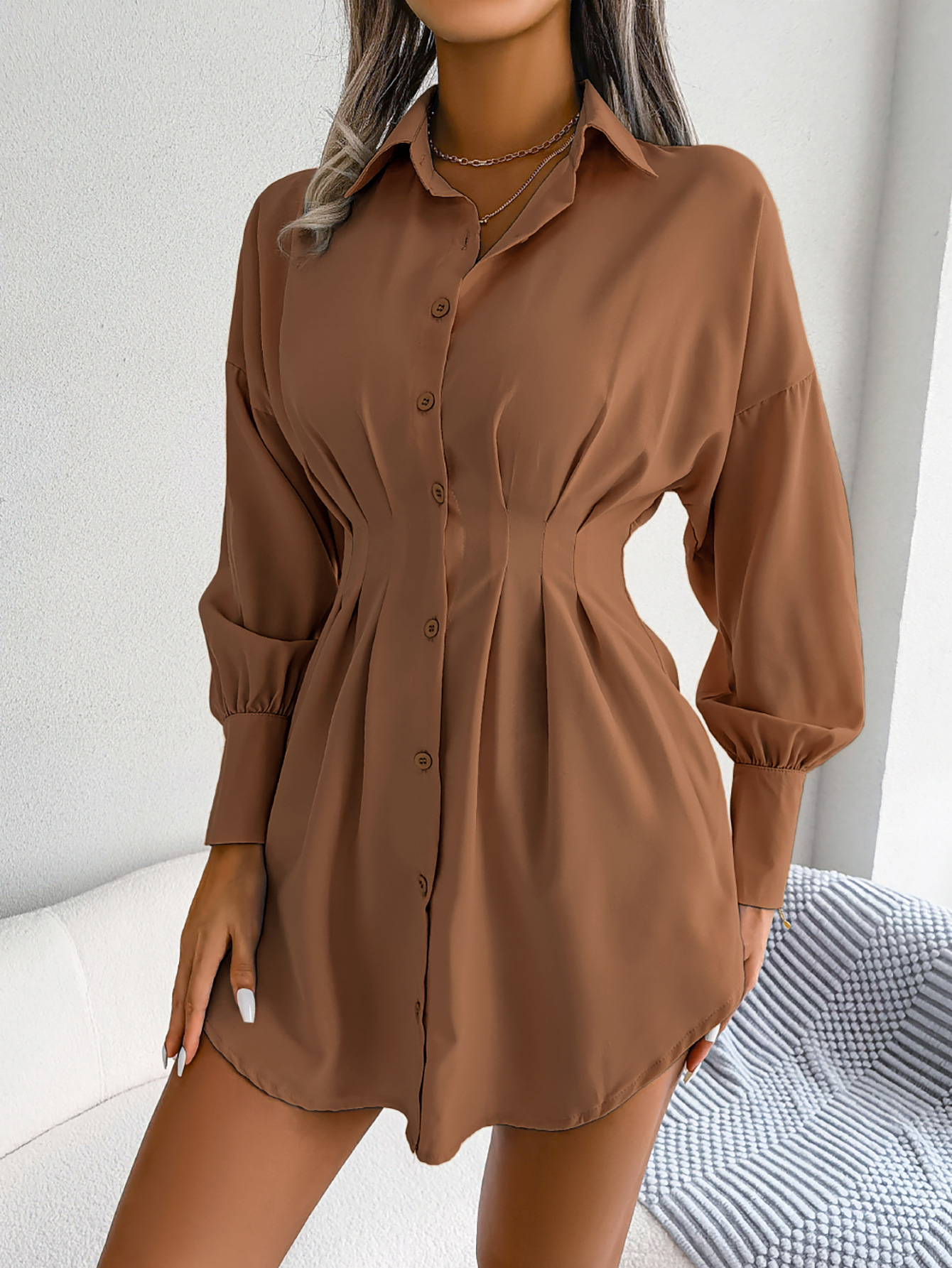 [PL] Pleated Waist Button-Front Shirt Dress