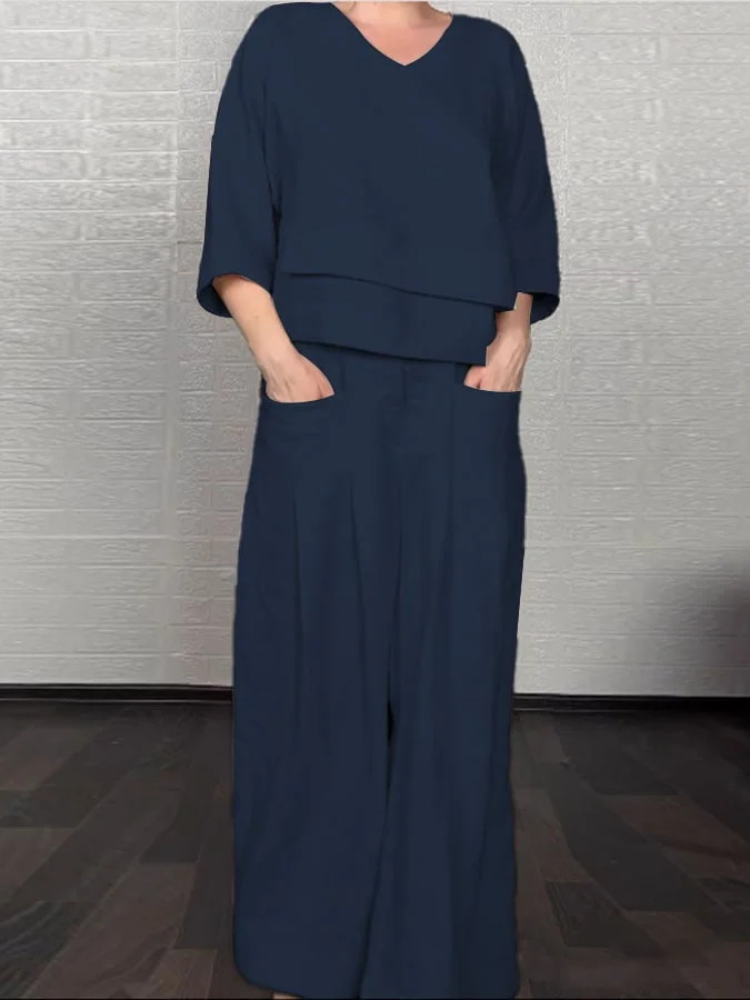 Loose V-Neck Top and Wide-Leg Pants Two Piece Set (Buy 2 Free Shipping)