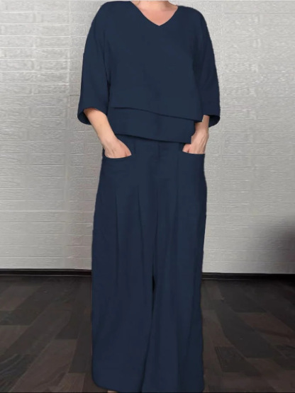Loose V-Neck Top and Wide-Leg Pants Two Piece Set (Buy 2 Free Shipping)