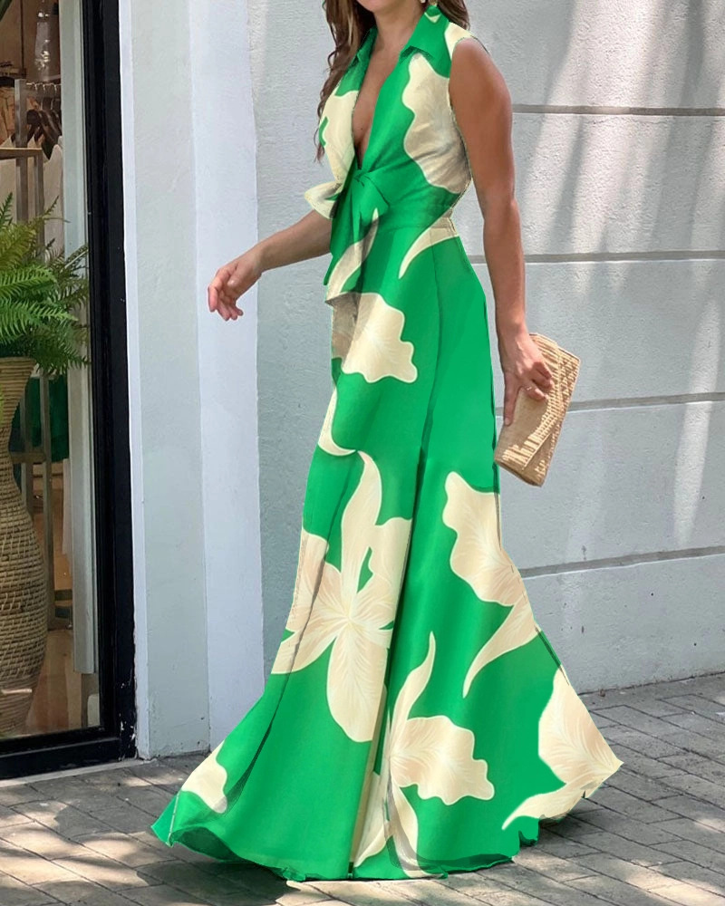 Lapel V Neck Long Sleeve Loose Wide Leg Jumpsuit (Buy 2 Free Shipping)