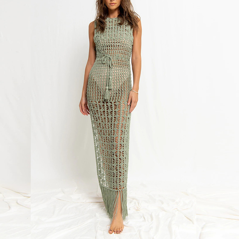 Boho Crochet Tassel Maxi Dress with Waist Tie
