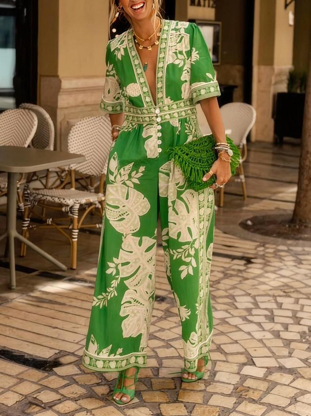 Fresh Holiday Floral Print V-Neck Short Sleeve Jumpsuit (Buy 2 Free Shipping)
