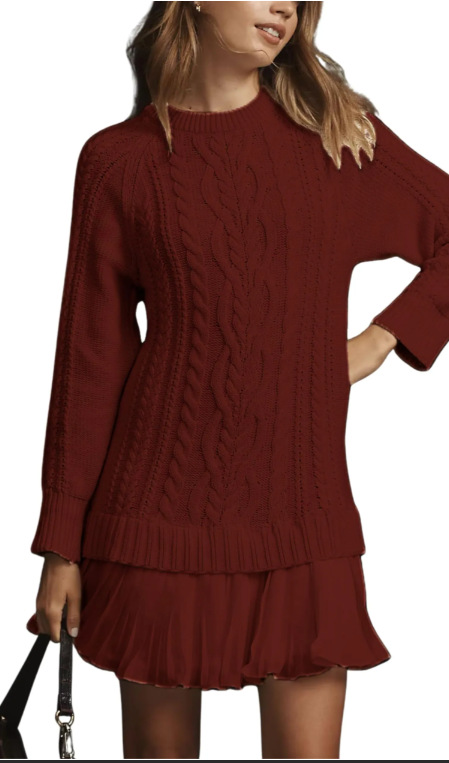 Cable Knit Twofer Mini Dress with Pleated Hem (Buy 2 Free Shipping)