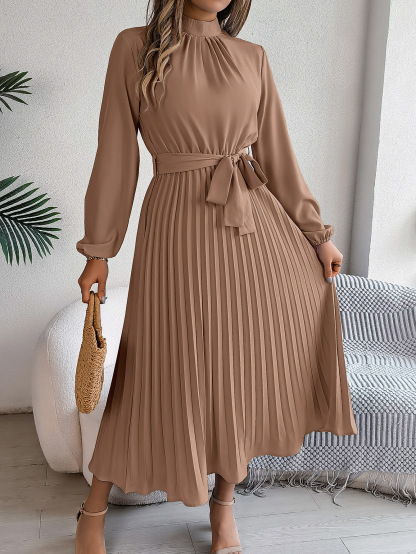 Elegant Long Sleeve Pleated Midi Dress with Waist Tie (Buy 2 Free Shipping)