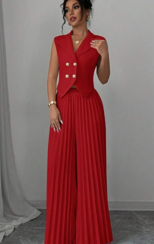 Elegant Sleeveless Blazer Top and Pleated Wide-Leg Pants Set