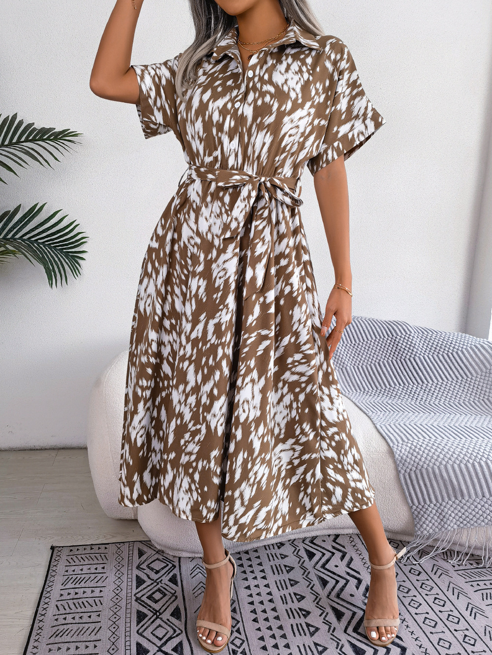 [PL] Abstract Print Tie-Waist Button-Front Midi Shirt Dress