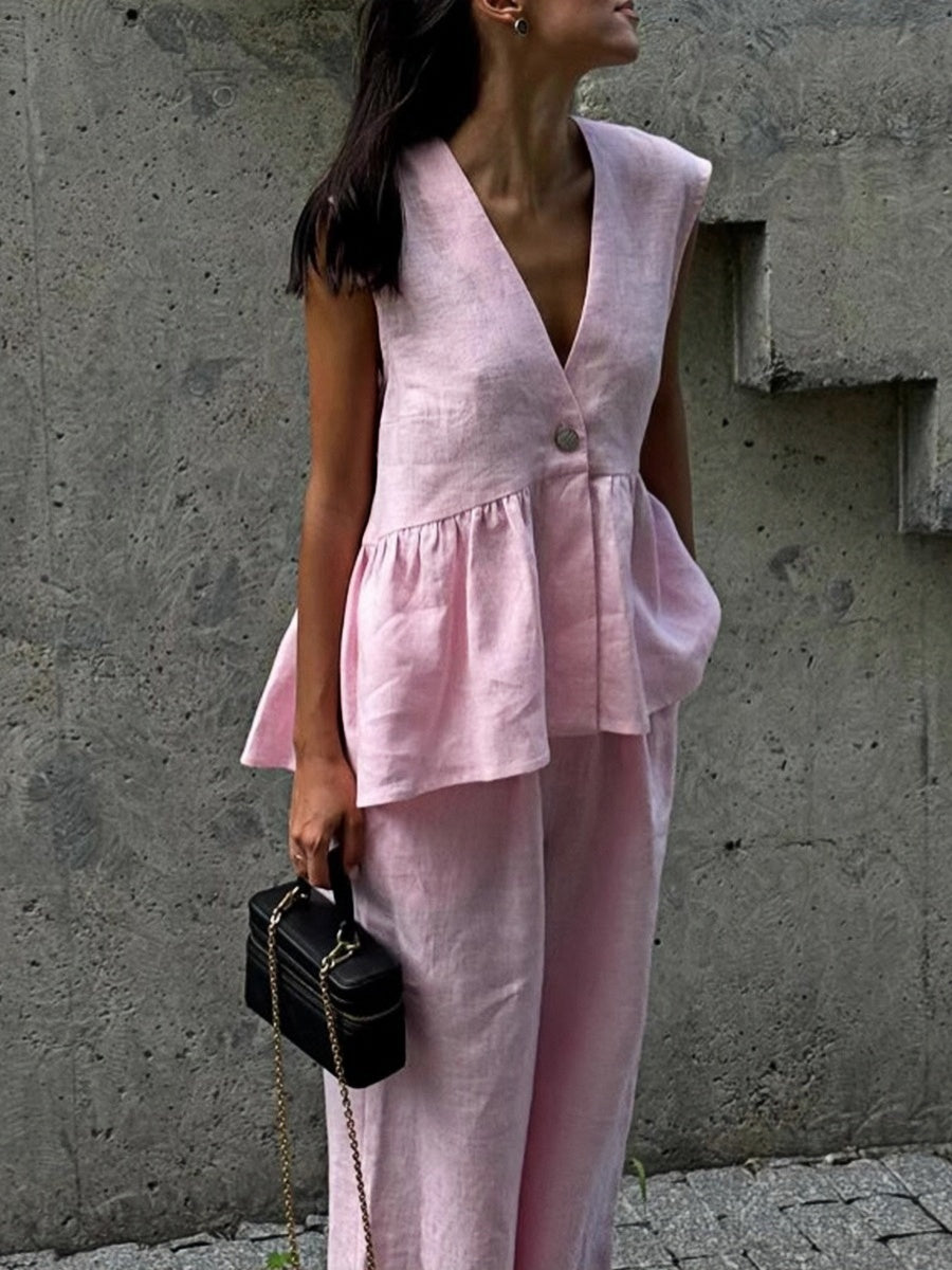 Sleeveless V-Neck Loose Top And Elastic Waist Pocket Wide-Leg Pants Set