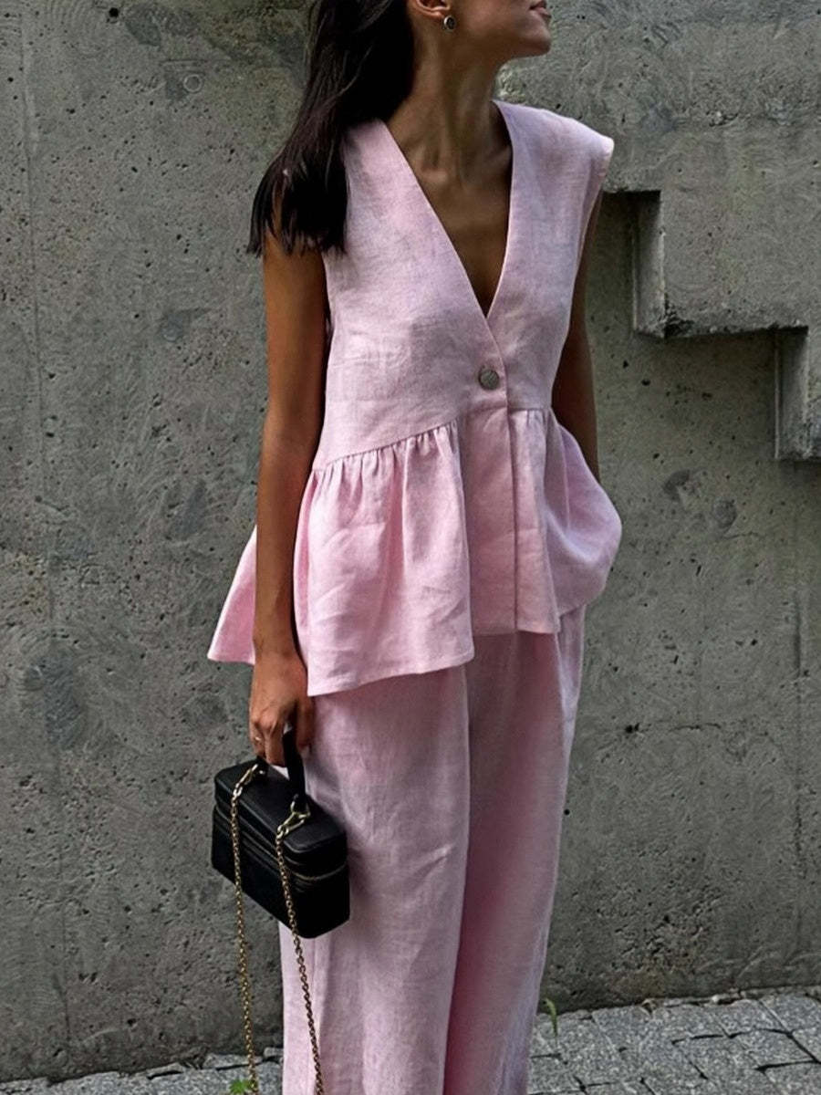Sleeveless V-Neck Loose Top And Elastic Waist Pocket Wide-Leg Pants Set