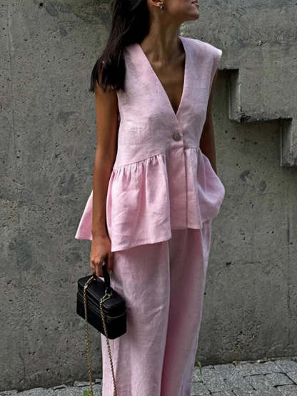 Sleeveless V-Neck Loose Top And Elastic Waist Pocket Wide-Leg Pants Set