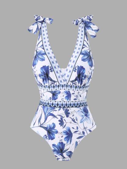 V Neck One Piece Swimsuit And Skirt Set