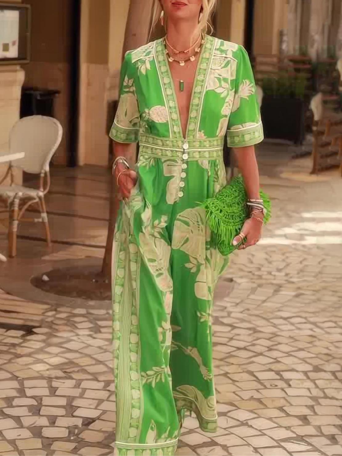 Fresh Holiday Floral Print V-Neck Short Sleeve Jumpsuit (Buy 2 Free Shipping)
