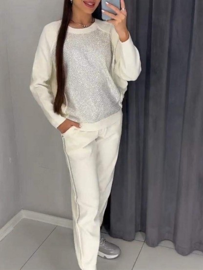 Cozy Knit Set with Sequin Panel Pullover and Tapered Pants (Buy 2 Free Shipping)