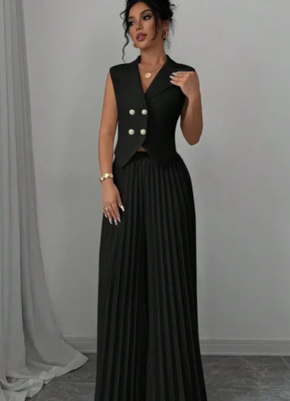 Elegant Sleeveless Blazer Top and Pleated Wide-Leg Pants Set