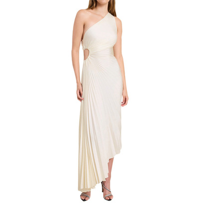 European And American Women'S New Fashion Solid Color Casual Sexy Temperament One-Shoulder Diagonal Collar Pleated Hollow Dress Long Skirt