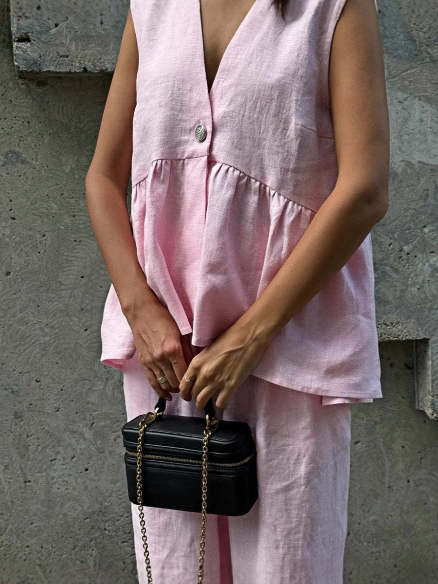 Sleeveless V-Neck Loose Top And Elastic Waist Pocket Wide-Leg Pants Set