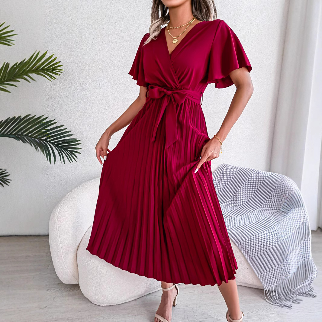 Elegant Pleated Belted Flutter Sleeve Midi Dress (Buy 2 Free Shipping)