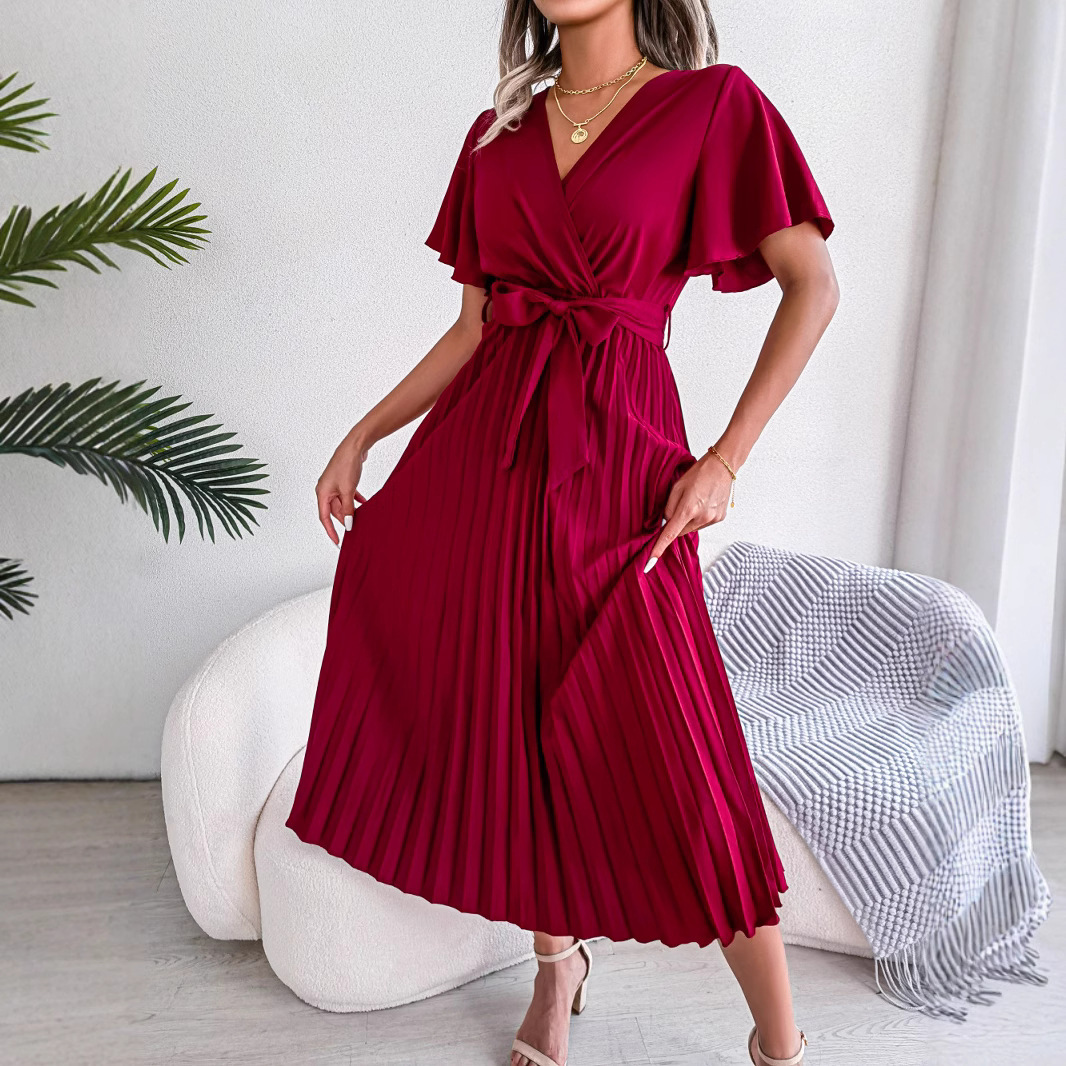 Elegant Pleated Belted Flutter Sleeve Midi Dress (Buy 2 Free Shipping)