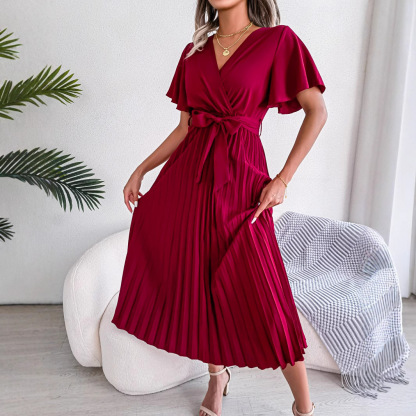 Elegant Pleated Belted Flutter Sleeve Midi Dress (Buy 2 Free Shipping)