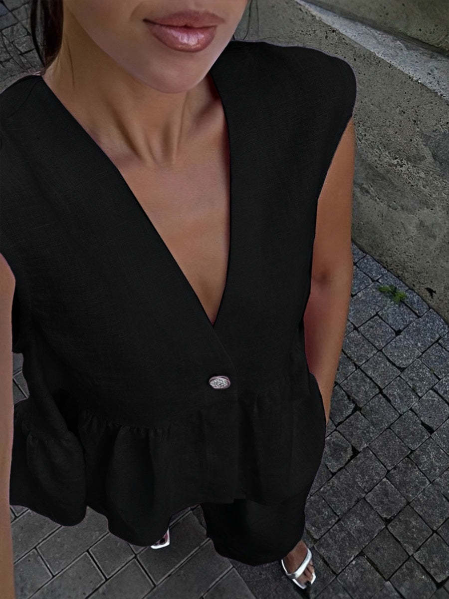 Sleeveless V-Neck Loose Top And Elastic Waist Pocket Wide-Leg Pants Set
