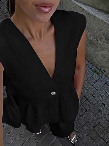 Sleeveless V-Neck Loose Top And Elastic Waist Pocket Wide-Leg Pants Set