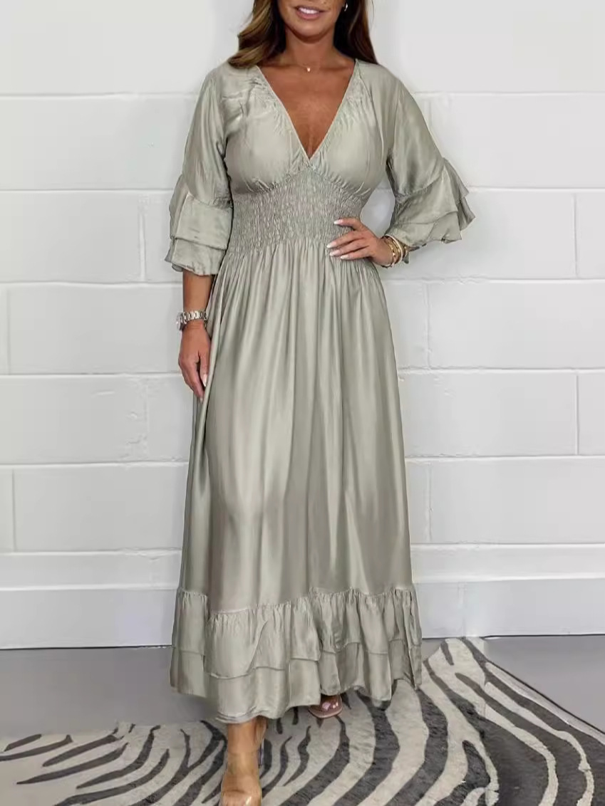 Elegant Smocked Waist Ruffle Sleeve Satin Maxi Dress