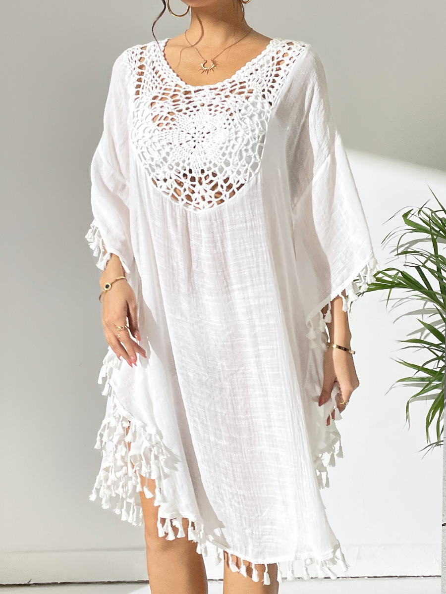 Boho Tassel Trim Crochet Yoke Loose Kaftan Dress