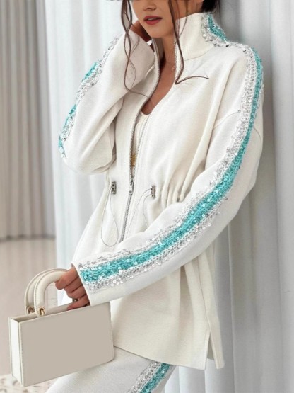 Elegant Sequin Trim Drawstring Jacket and Wide Leg Pants Two Piece Set (Buy 2 Free Shipping)