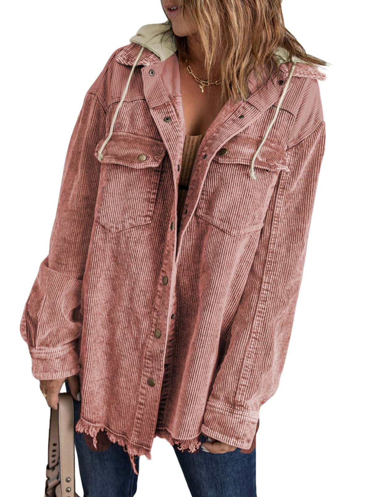 2024 Fall Long Sleeve Button Down Color Block Corduroy Hooded Jacket(BUY 2 10% OFF)