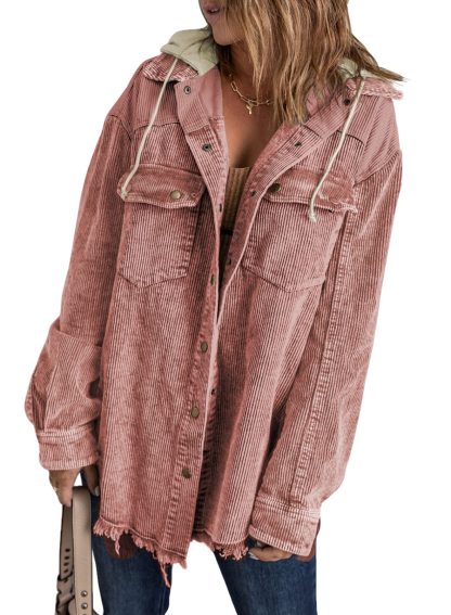 2024 Fall Long Sleeve Button Down Color Block Corduroy Hooded Jacket(BUY 2 10% OFF)