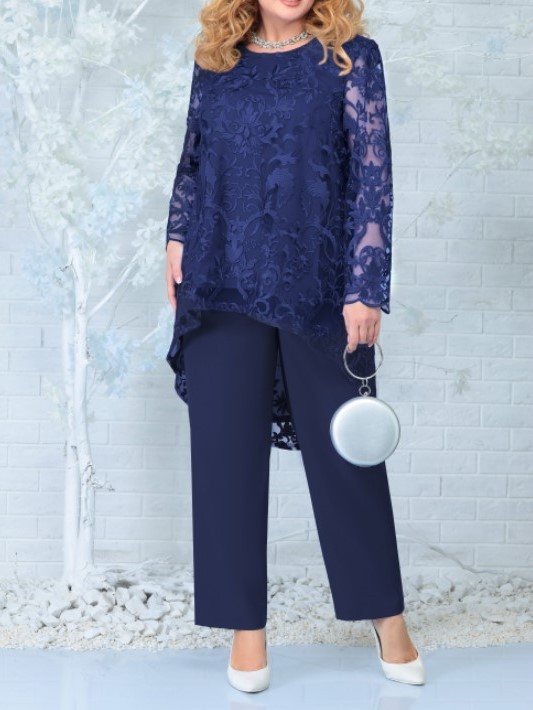 Elegant Lace Overlay Asymmetric Hem Top and Pants Set