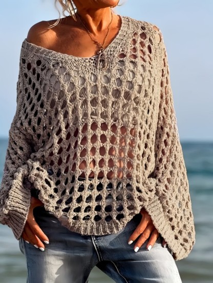 Loose Knit Open Weave Batwing Sleeve Pullover Top