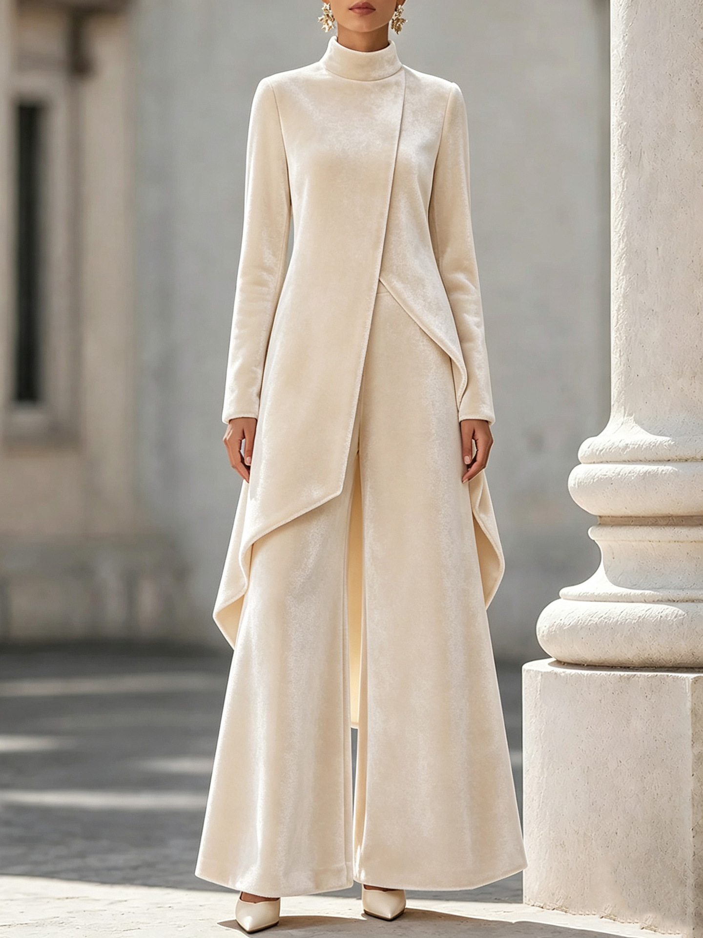 Elegant Velvet High Neck Asymmetrical Wide Leg Pants Set
