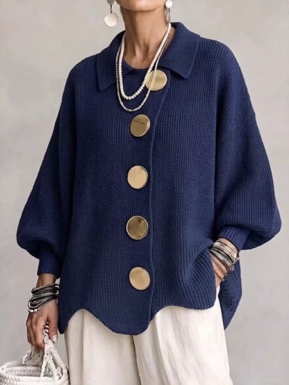 Elegant Oversized Collar Gold Button Relaxed Knit Top