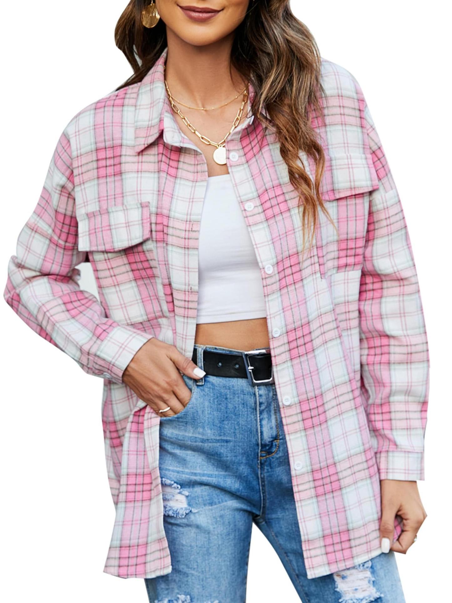 2024 Women's Button Down Flannel Shirts Plaid Shacket(50% OFF!!!)